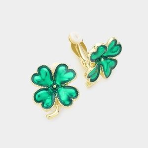 Green Gold Clip On Four Leaf Clover Charm Stud Earrings Shamrock St Patricks
